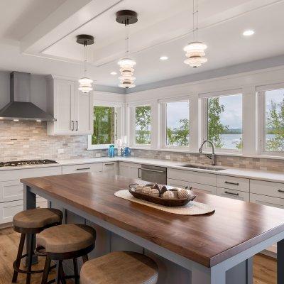 kitchen with lake views over sink 